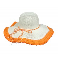 Straw Big Rim Hats – 12 PCS Paper Straw w/ Fringe Trim - Orange - HT-ST299OG